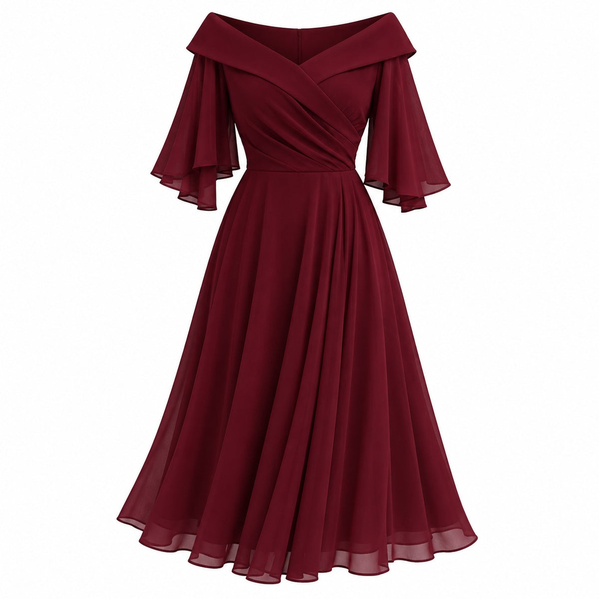 VES Boutique Women's Burgundy Off Shoulder Maxi Dress – Flutter Sleeve A-Line Formal Evening Gown