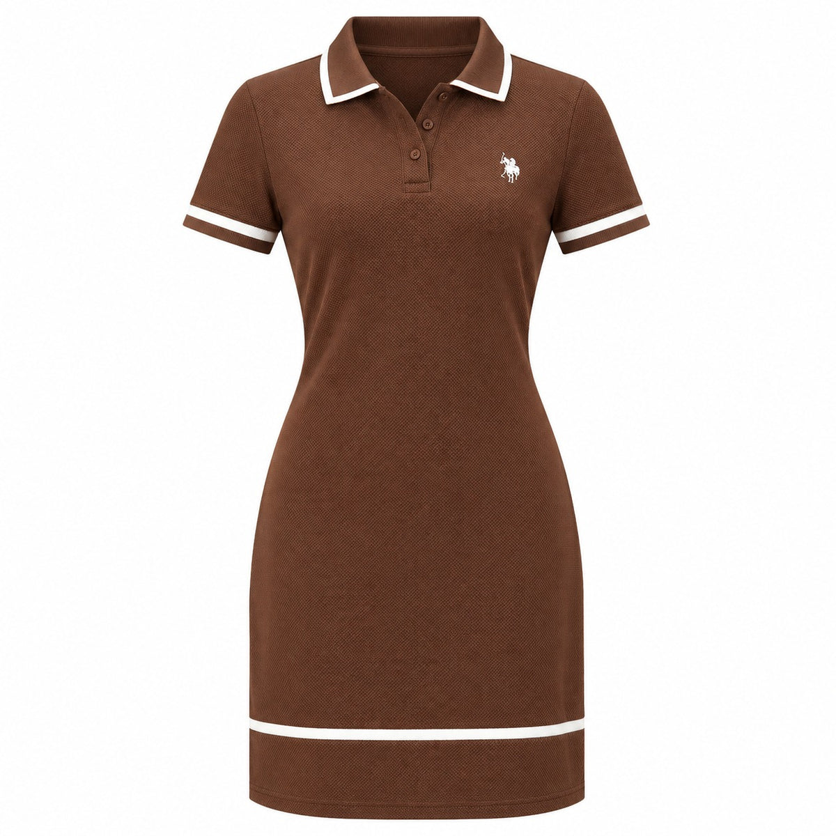 VES Boutique Women's Chocolate Brown Polo Mini Dress – Short Sleeve Collared Dress with White Contrast Trim