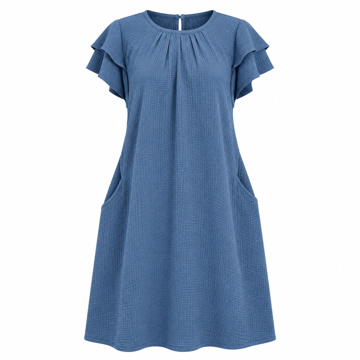 VES Boutique Women's Dusty Blue Textured Shift Dress – Layered Flutter Sleeve Casual Dress with Pockets