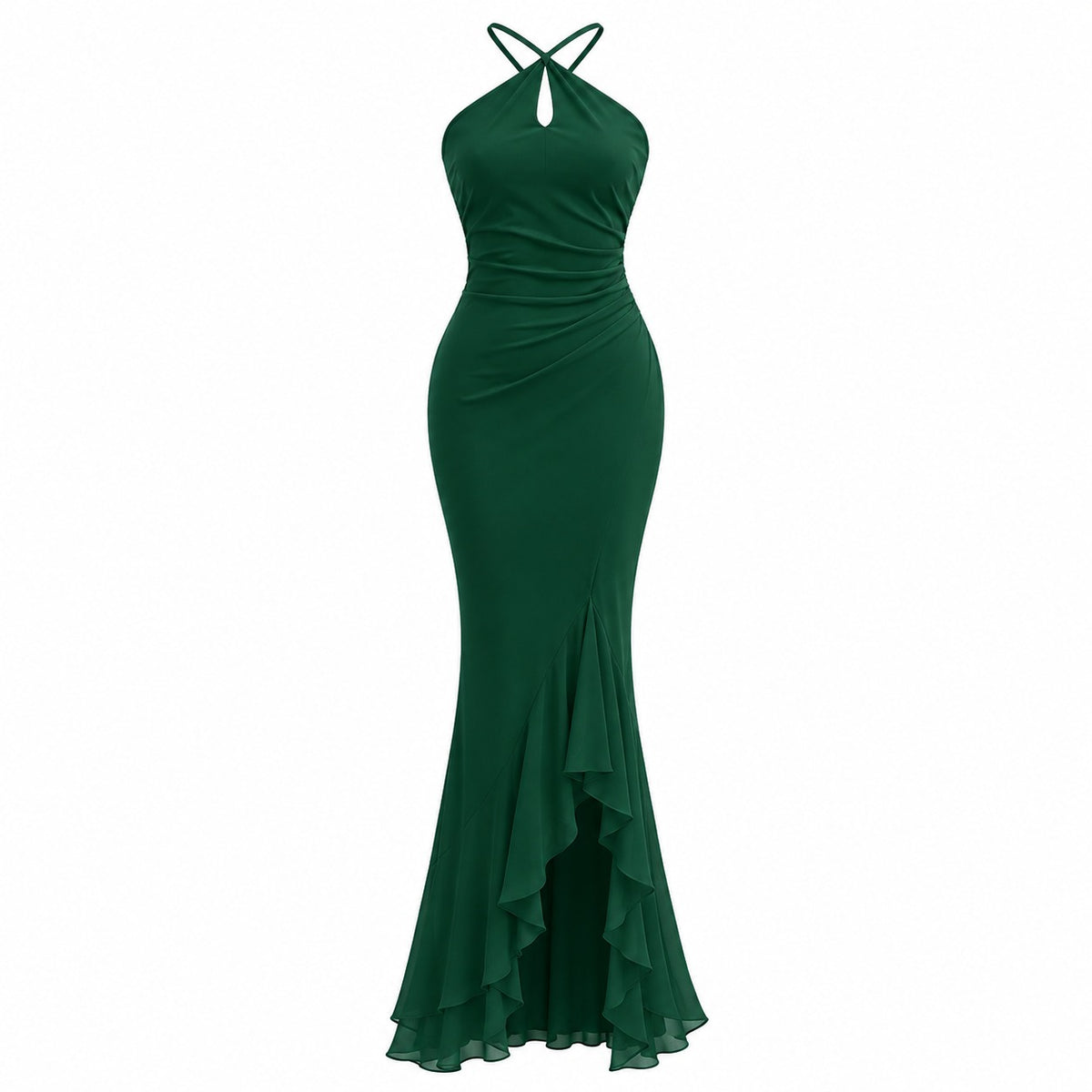 VES Boutique Women's Emerald Green Halter Neck Maxi Dress – Ruched Mermaid Evening Gown with Ruffle Hem