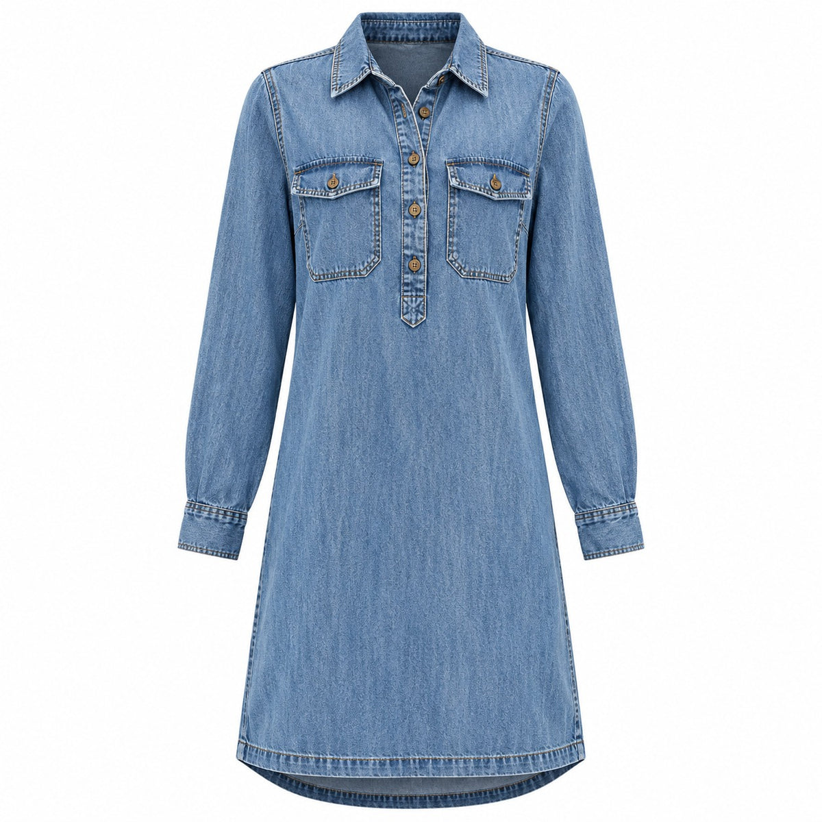 VES Boutique Women's Blue Denim Shirt Dress – Long Sleeve Collared Dress with Button Placket & Chest Pockets