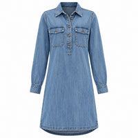VES Boutique Women's Blue Denim Shirt Dress – Long Sleeve Collared Dress with Button Placket & Chest Pockets image 1