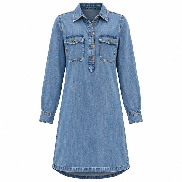 VES Boutique Women's Blue Denim Shirt Dress – Long Sleeve Collared Dress with Button Placket & Chest Pockets