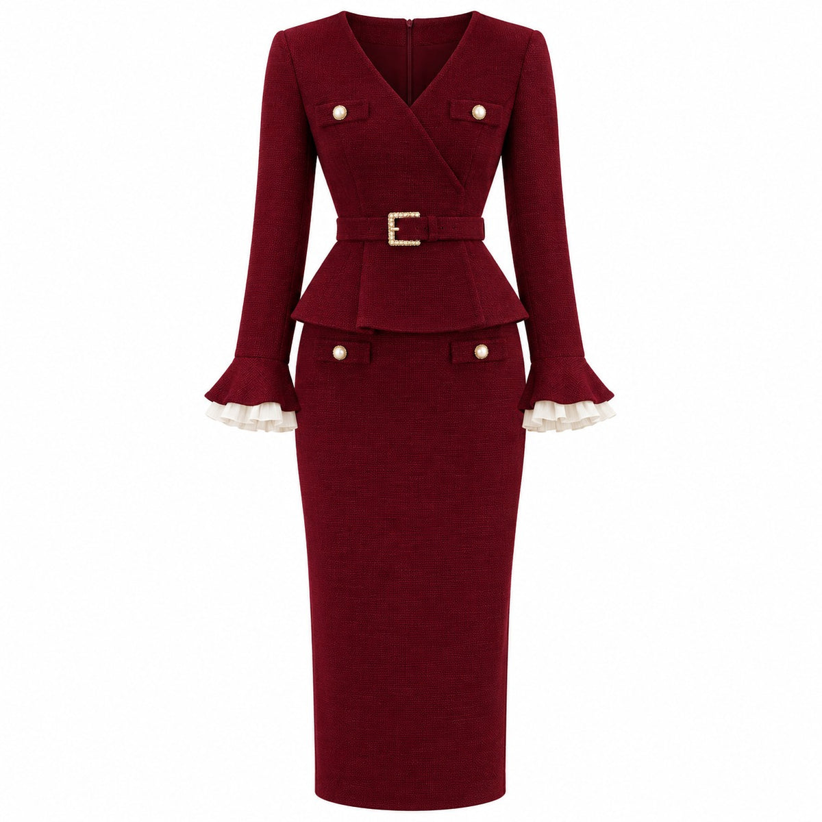 VES Boutique Women's Burgundy Red Peplum Midi Dress – V-Neck Long Sleeve Belted Pencil Dress with Pearl Accents