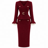 VES Boutique Women's Burgundy Red Peplum Midi Dress – V-Neck Long Sleeve Belted Pencil Dress with Pearl Accents image 1