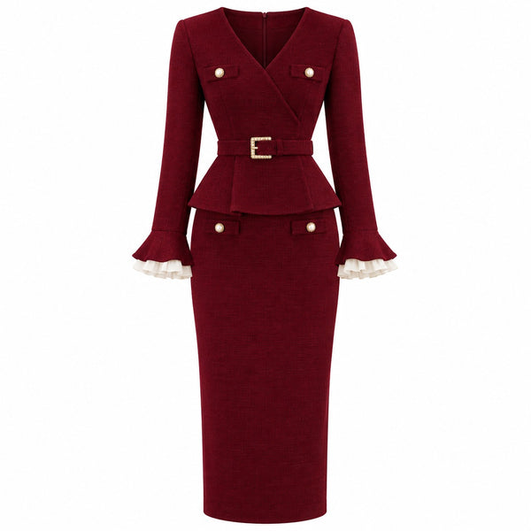 VES Boutique Women's Burgundy Red Peplum Midi Dress – V-Neck Long Sleeve Belted Pencil Dress with Pearl Accents