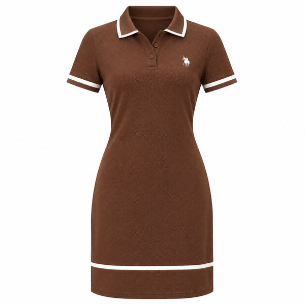 VES Boutique Women's Chocolate Brown Polo Mini Dress – Short Sleeve Collared Dress with White Contrast Trim
