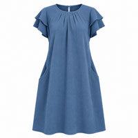 VES Boutique Women's Dusty Blue Textured Shift Dress – Layered Flutter Sleeve Casual Dress with Pockets image 1