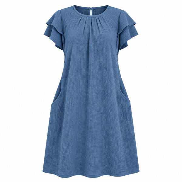 VES Boutique Women's Dusty Blue Textured Shift Dress – Layered Flutter Sleeve Casual Dress with Pockets