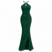 VES Boutique Women's Emerald Green Halter Neck Maxi Dress – Ruched Mermaid Evening Gown with Ruffle Hem image 1