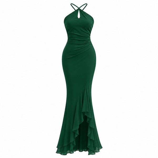 VES Boutique Women's Emerald Green Halter Neck Maxi Dress – Ruched Mermaid Evening Gown with Ruffle Hem