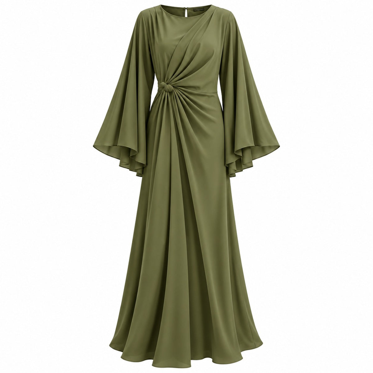 VES Boutique Women's Olive Green Draped Maxi Dress – Long Bell Sleeve Knot Waist Evening Gown