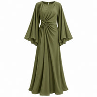 VES Boutique Women's Olive Green Draped Maxi Dress – Long Bell Sleeve Knot Waist Evening Gown image 1