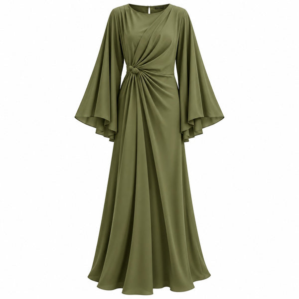 VES Boutique Women's Olive Green Draped Maxi Dress – Long Bell Sleeve Knot Waist Evening Gown