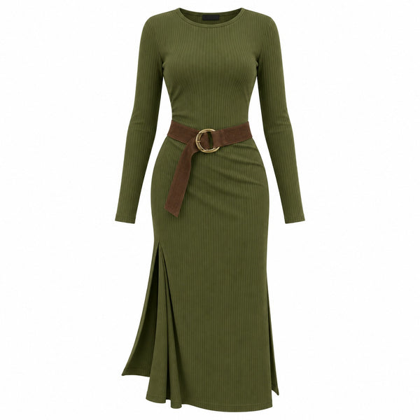 VES Boutique Women's Olive Green Ribbed Long Sleeve Maxi Dress with Side Slit