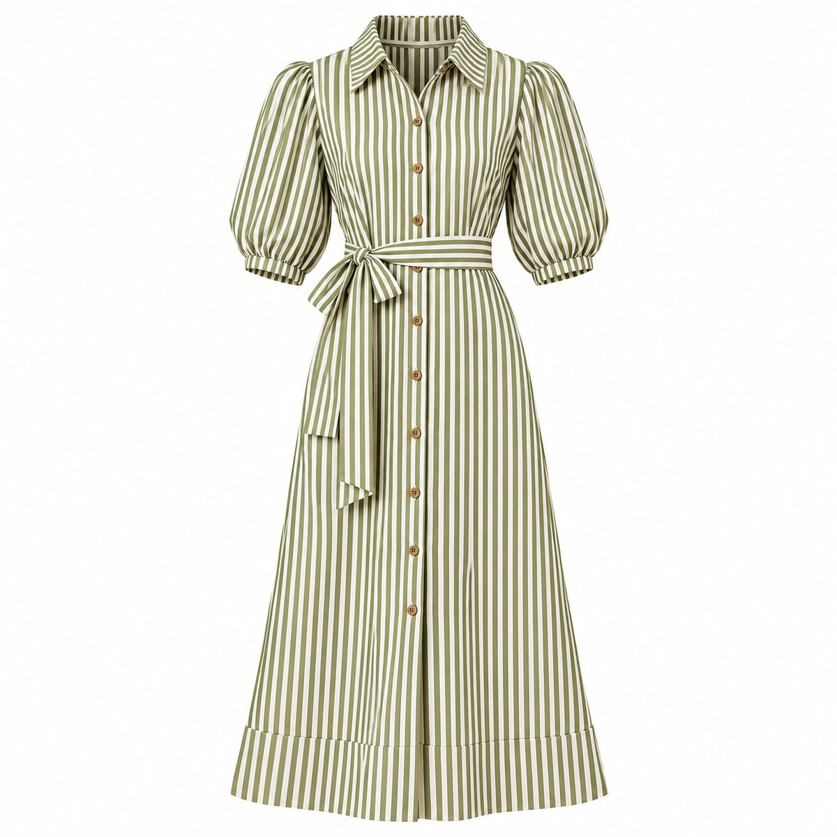 VES Boutique Women's Olive Green & White Striped Midi Shirt Dress – Puff Sleeve Button Down Dress with Tie Waist