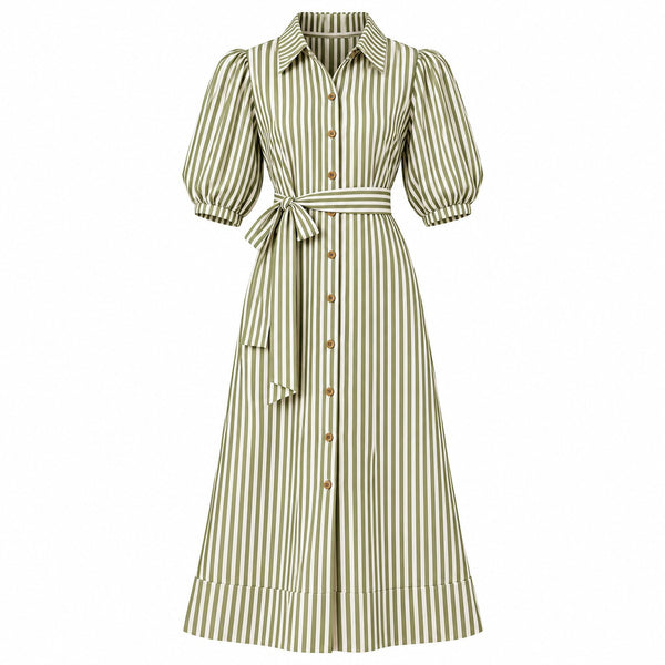 VES Boutique Women's Olive Green & White Striped Midi Shirt Dress – Puff Sleeve Button Down Dress with Tie Waist