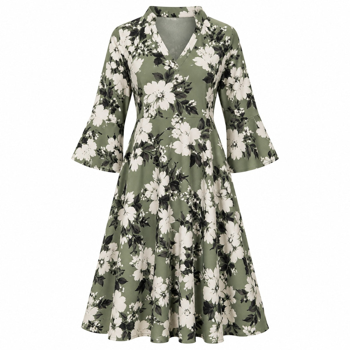 VES Boutique Women's Sage Green Floral Midi Dress – V-Neck Bell Sleeve A-Line Dress