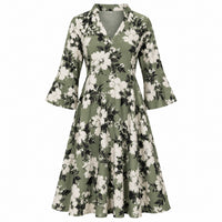 VES Boutique Women's Sage Green Floral Midi Dress – V-Neck Bell Sleeve A-Line Dress image 1