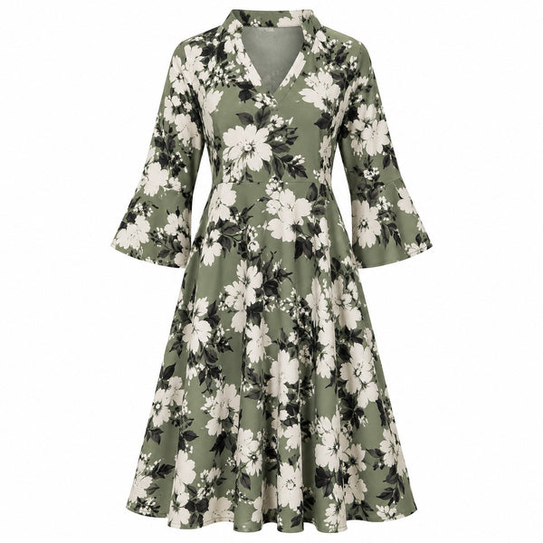 VES Boutique Women's Sage Green Floral Midi Dress – V-Neck Bell Sleeve A-Line Dress