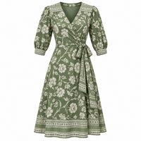 VES Boutique Women's Sage Green Floral Wrap Midi Dress – V-Neck Puff Sleeve Tie Waist A-Line Dress image 1