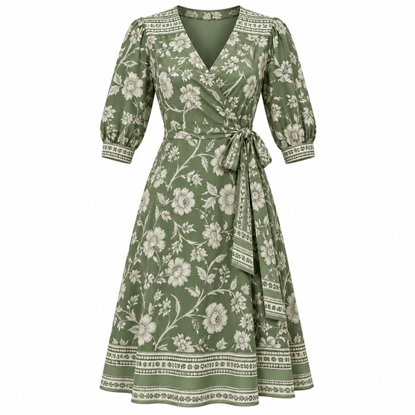 VES Boutique Women's Sage Green Floral Wrap Midi Dress – V-Neck Puff Sleeve Tie Waist A-Line Dress