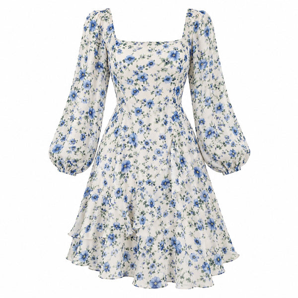 VES Boutique Women's White & Blue Floral Mini Dress – Square Neck Long Puff Sleeve Tiered Ruffle Dress