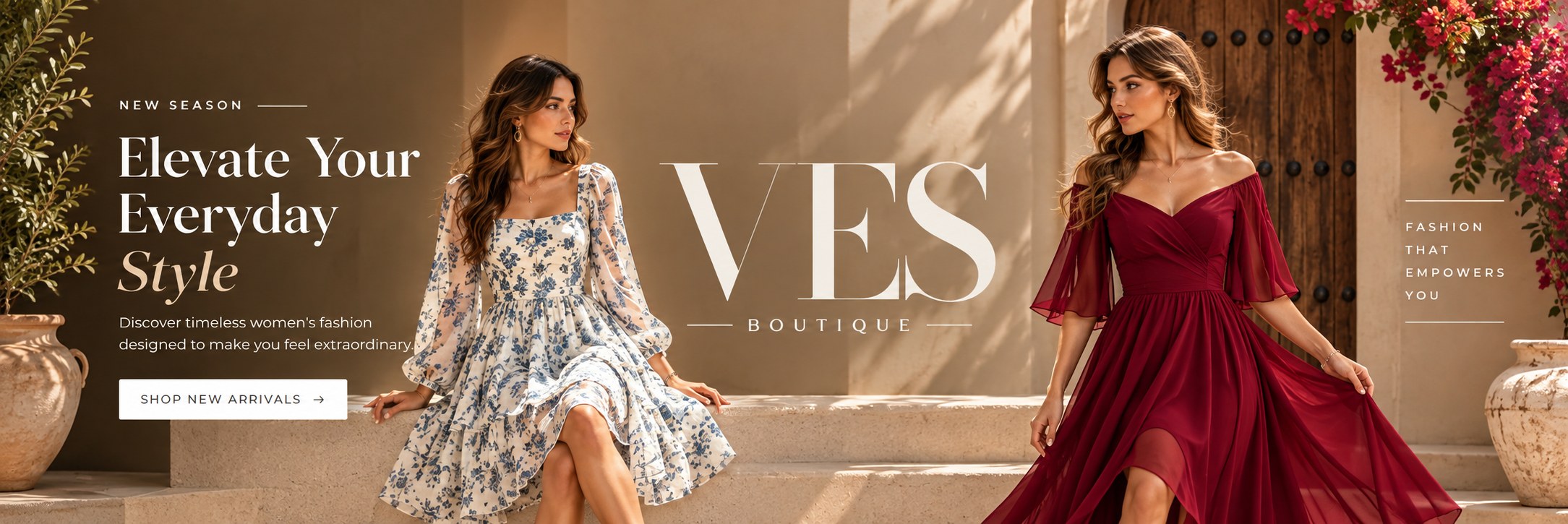 VES Boutique — Elevate Your Everyday Style. Two women in a floral dress and a burgundy chiffon dress